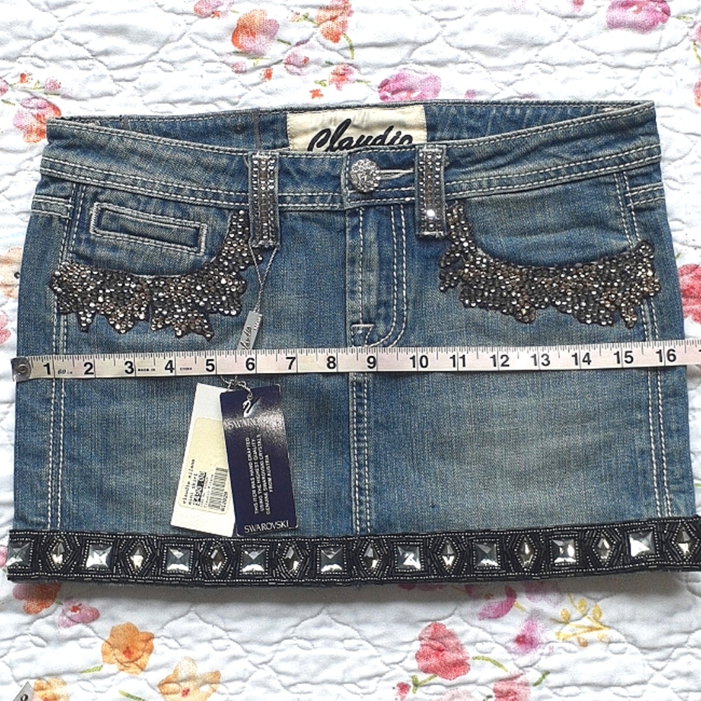Swarovski Claudio Milano Crystal Denim Miniskirt Jean Miniskirt Size S - Picture 8 of 10